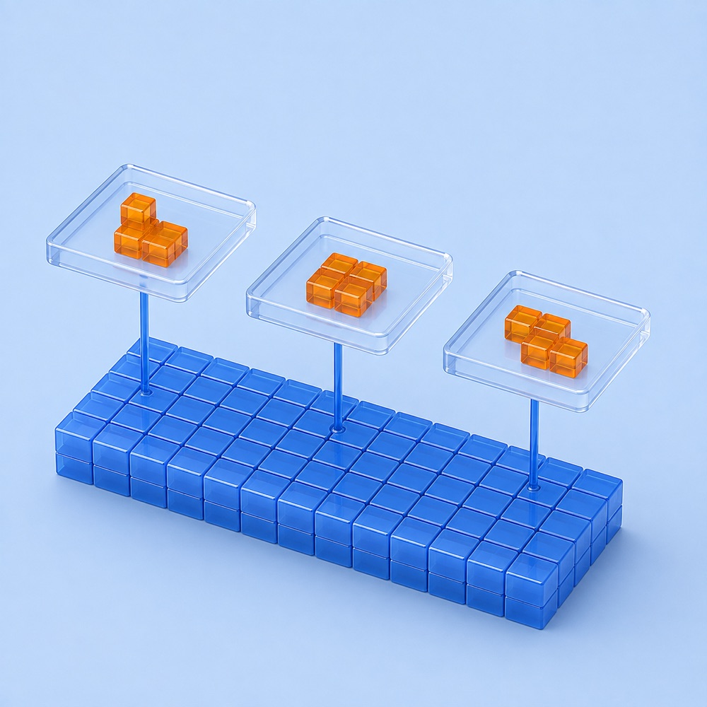 Conceptual storage diagram: three separate sets of changed blocks above one shared base of data blocks
